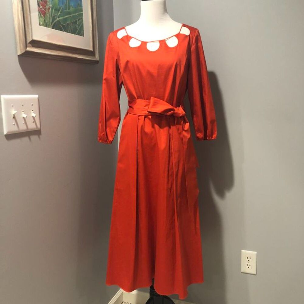Elie Tahari Orange Midi Fit & Flare Cutout Neckline Dress with Pockets - Size 6